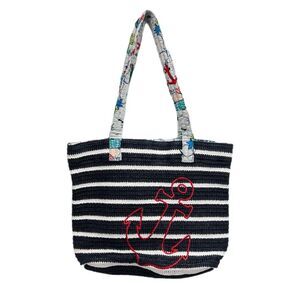 Vera Bradley Straw Tote Beach Bag Navy Nautical Embroidered Anchors Away NEW